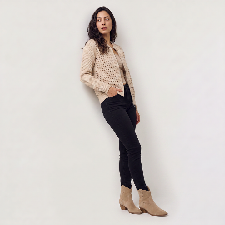 Women's Casual Hollow-Knit Zip-Up Cardigan