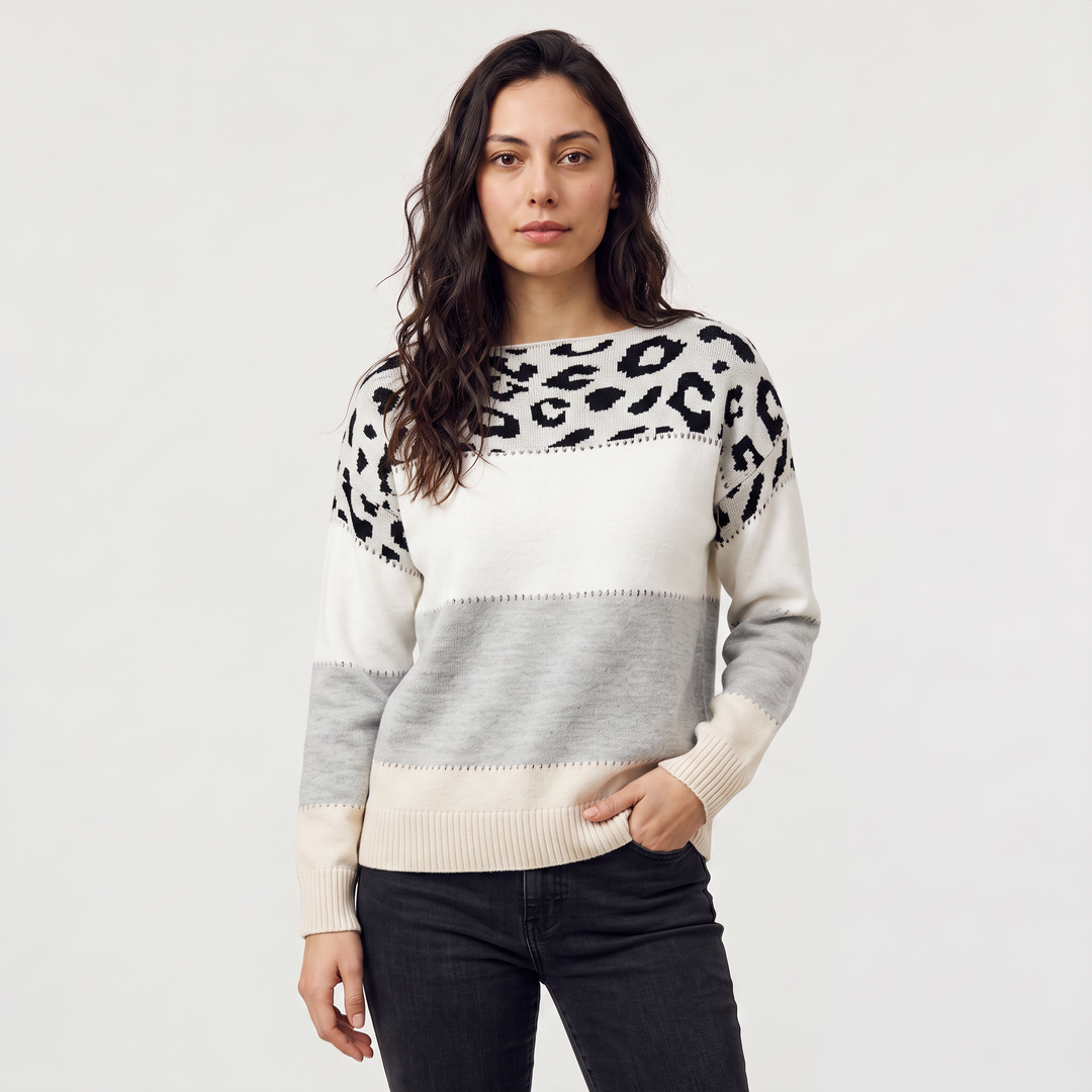 Women's Casual Knit Colour-Block Leopard Print Jumper