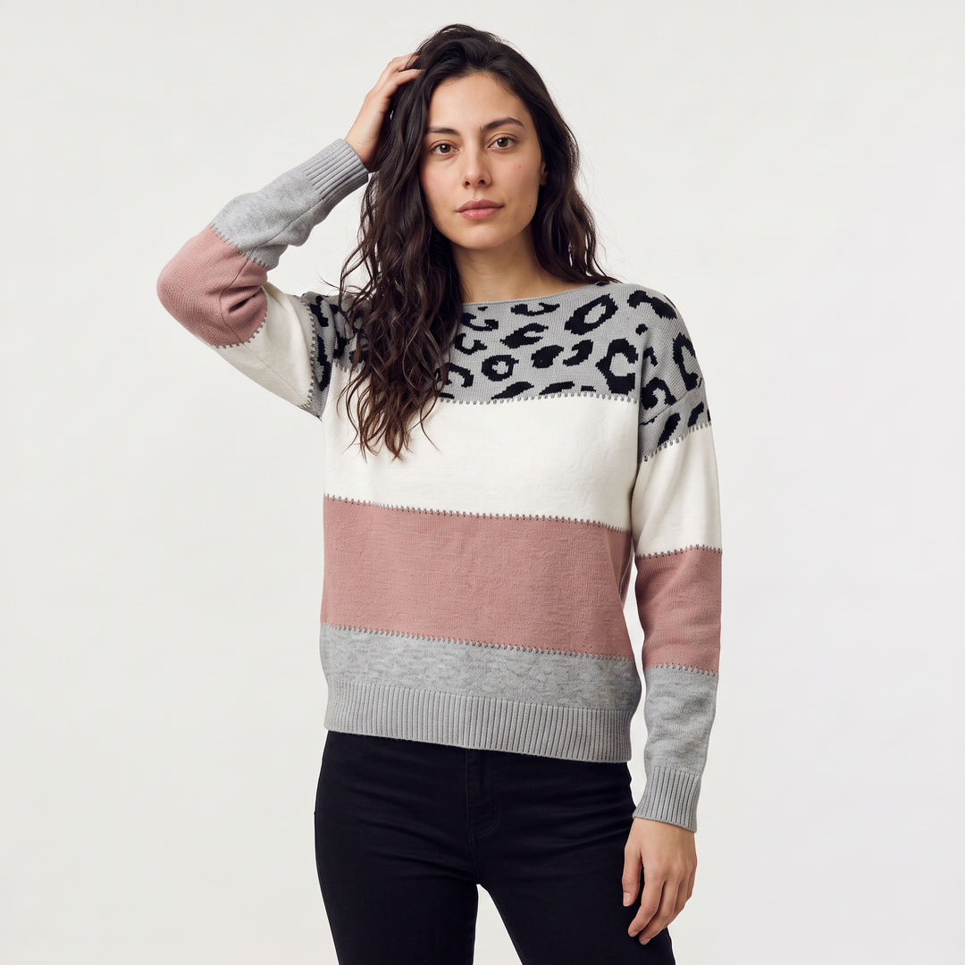 Women's Casual Knit Colour-Block Leopard Print Jumper