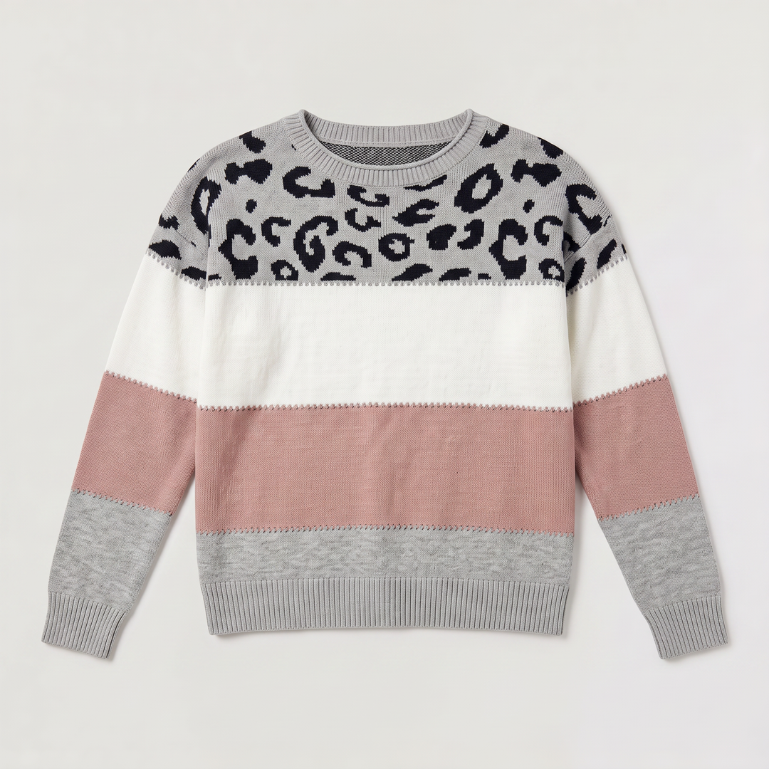 Women's Casual Knit Colour-Block Leopard Print Jumper