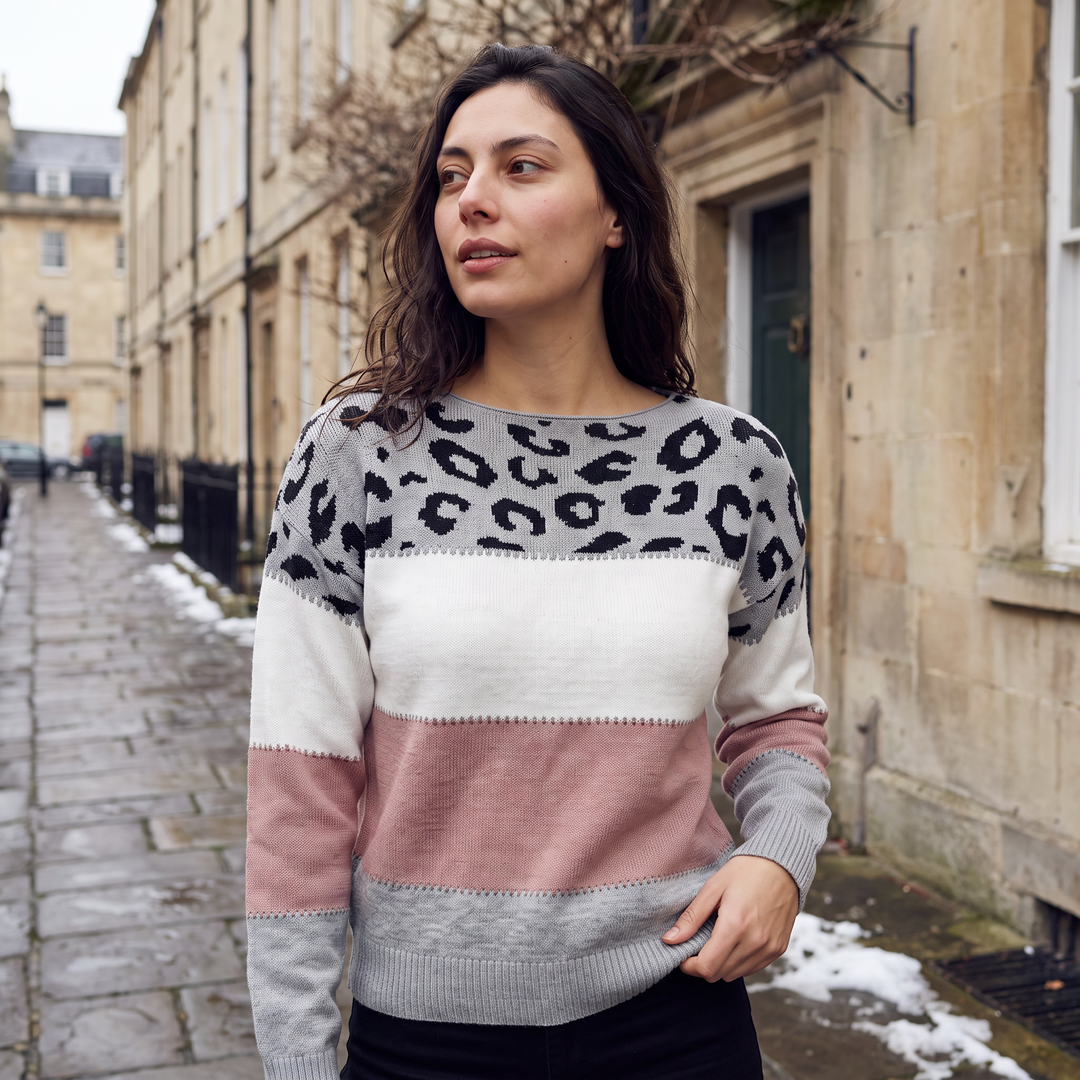 Women's Casual Knit Colour-Block Leopard Print Jumper