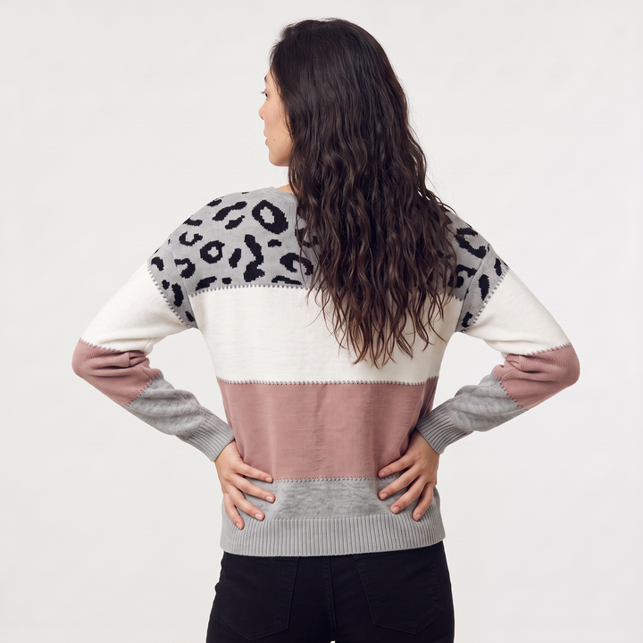 Women's Casual Knit Colour-Block Leopard Print Jumper