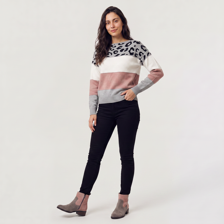 Women's Casual Knit Colour-Block Leopard Print Jumper