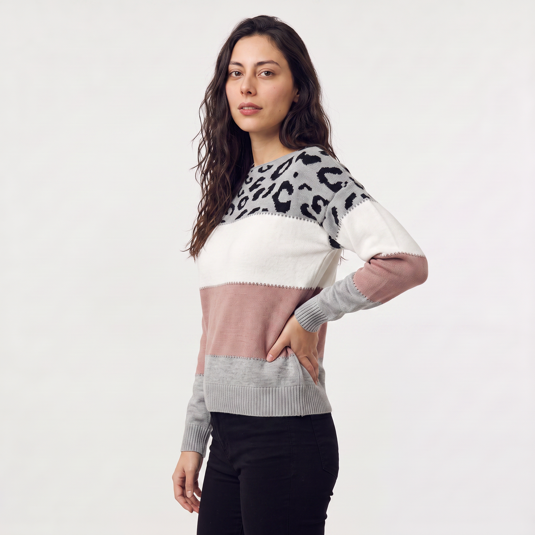 Women's Casual Knit Colour-Block Leopard Print Jumper