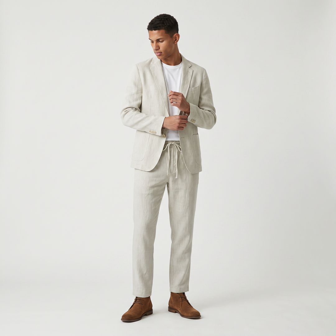 Men's Casual Two-Piece Blazer and Drawstring Trousers Set
