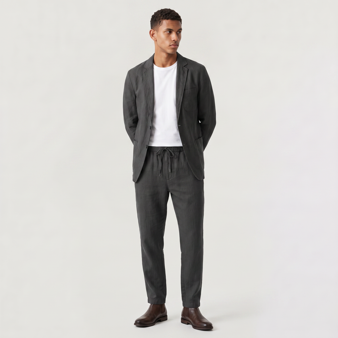 Men's Casual Two-Piece Blazer and Drawstring Trousers Set