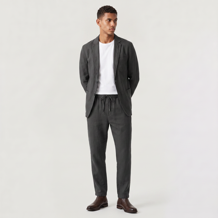 Men's Casual Two-Piece Blazer and Drawstring Trousers Set