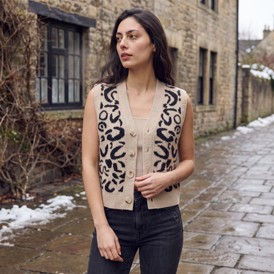 Women's Casual Patterned Cotton Button-Front Waistcoat