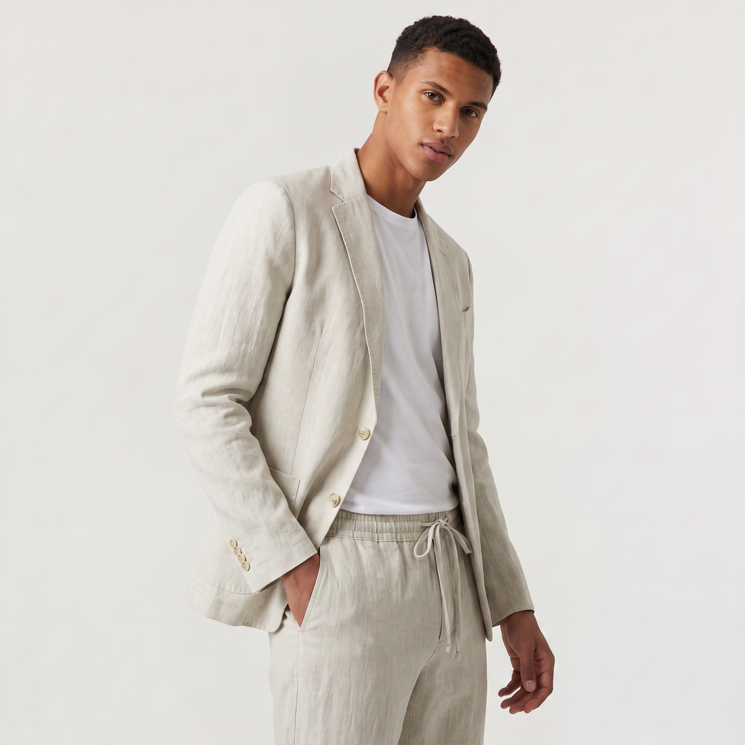 Men's Casual Two-Piece Blazer and Drawstring Trousers Set