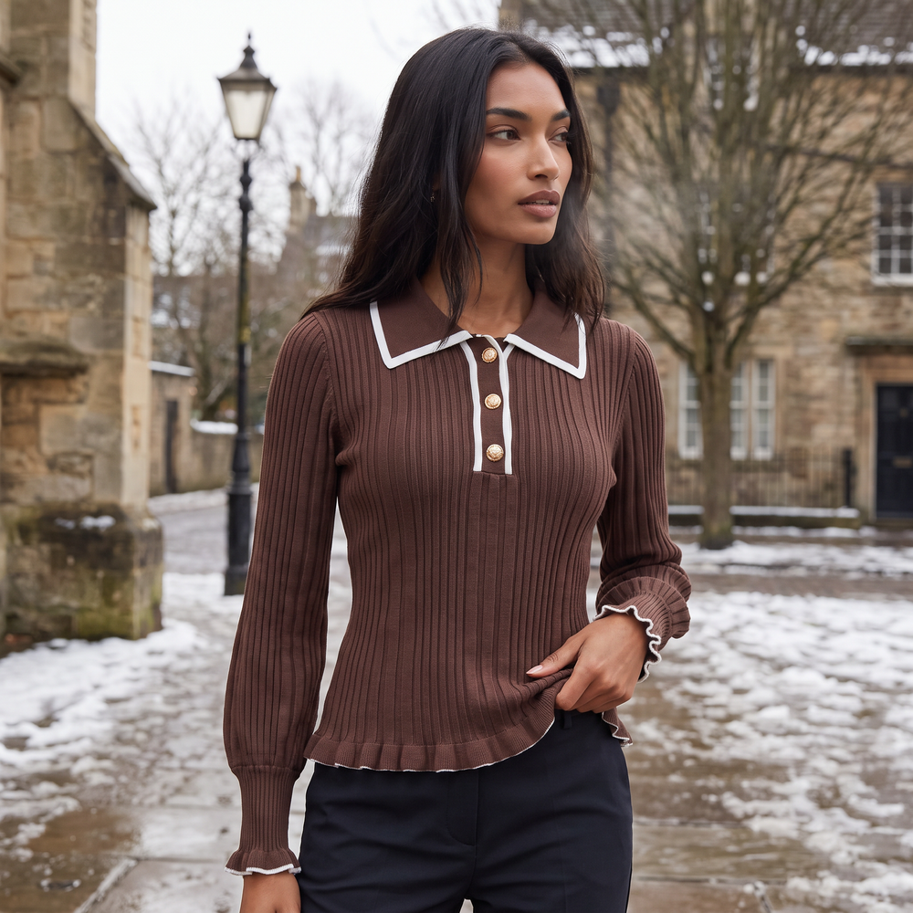 Women's Fitted Ribbed Polo Knit Jumper