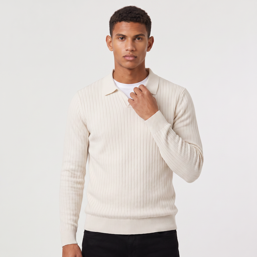 Men's Classic Ribbed Knit Polo Sweater