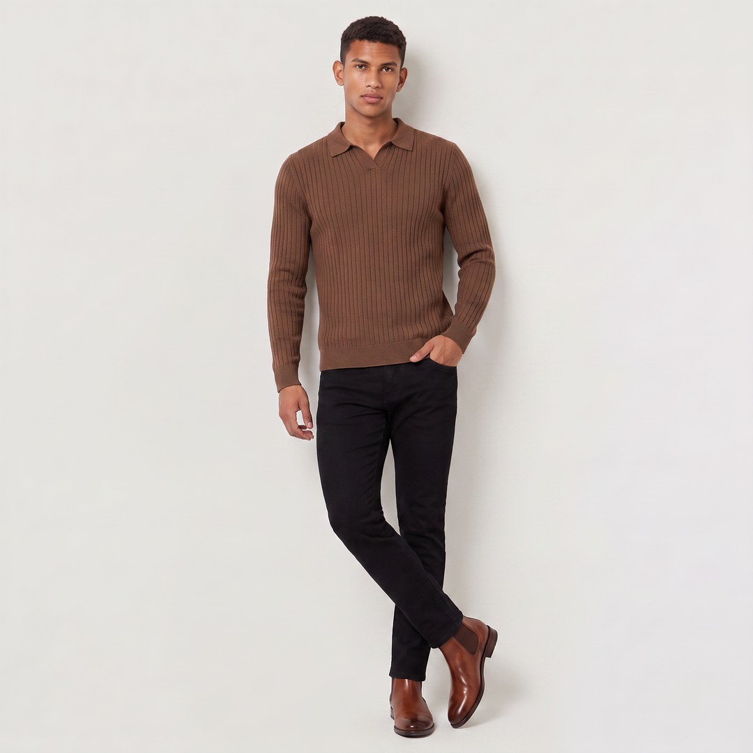 Men's Classic Ribbed Knit Polo Sweater