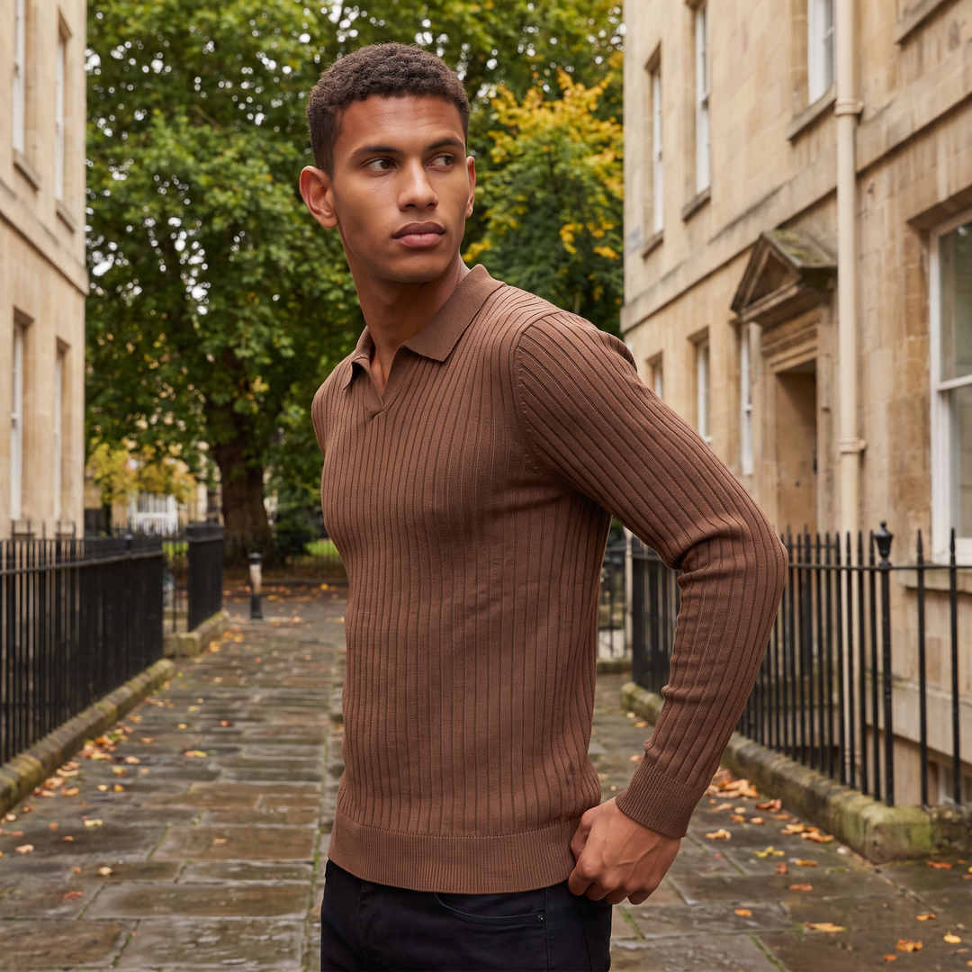 Men's Classic Ribbed Knit Polo Sweater