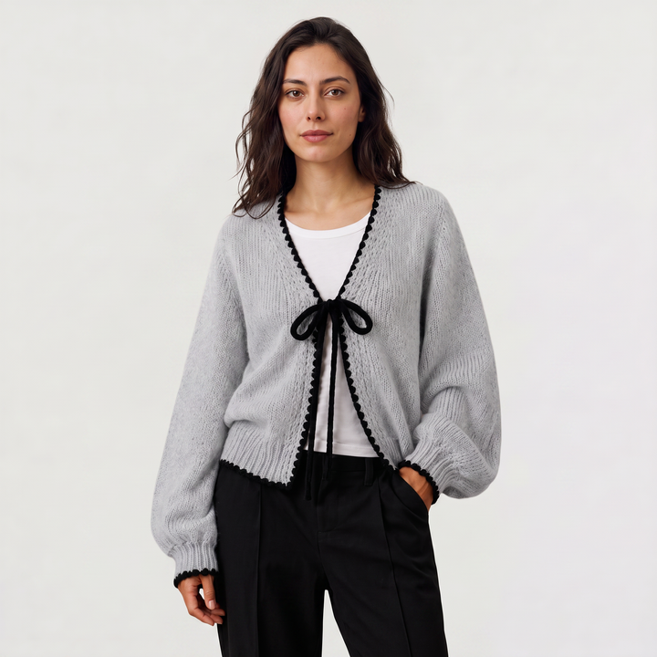Women's Casual Knit Tie-Front Cardigan with Scalloped Trim