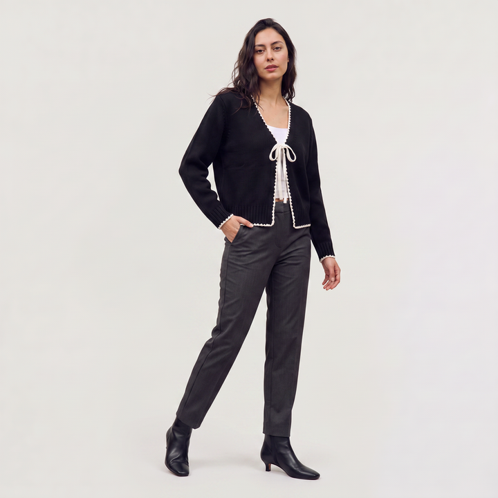 Women's Casual Knit Tie-Front Cardigan with Scalloped Trim