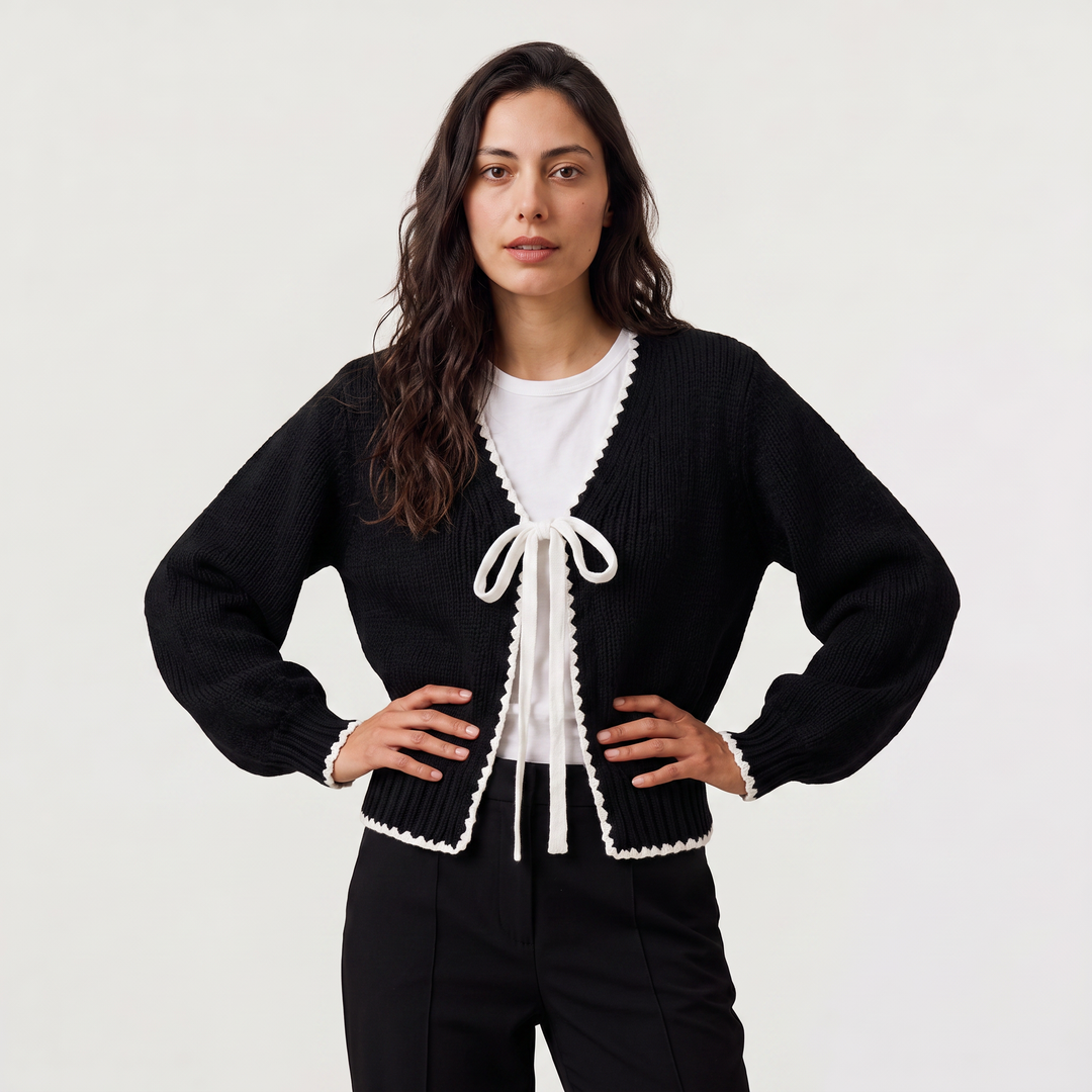Women's Casual Knit Tie-Front Cardigan with Scalloped Trim