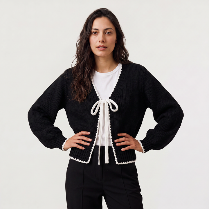 Women's Casual Knit Tie-Front Cardigan with Scalloped Trim