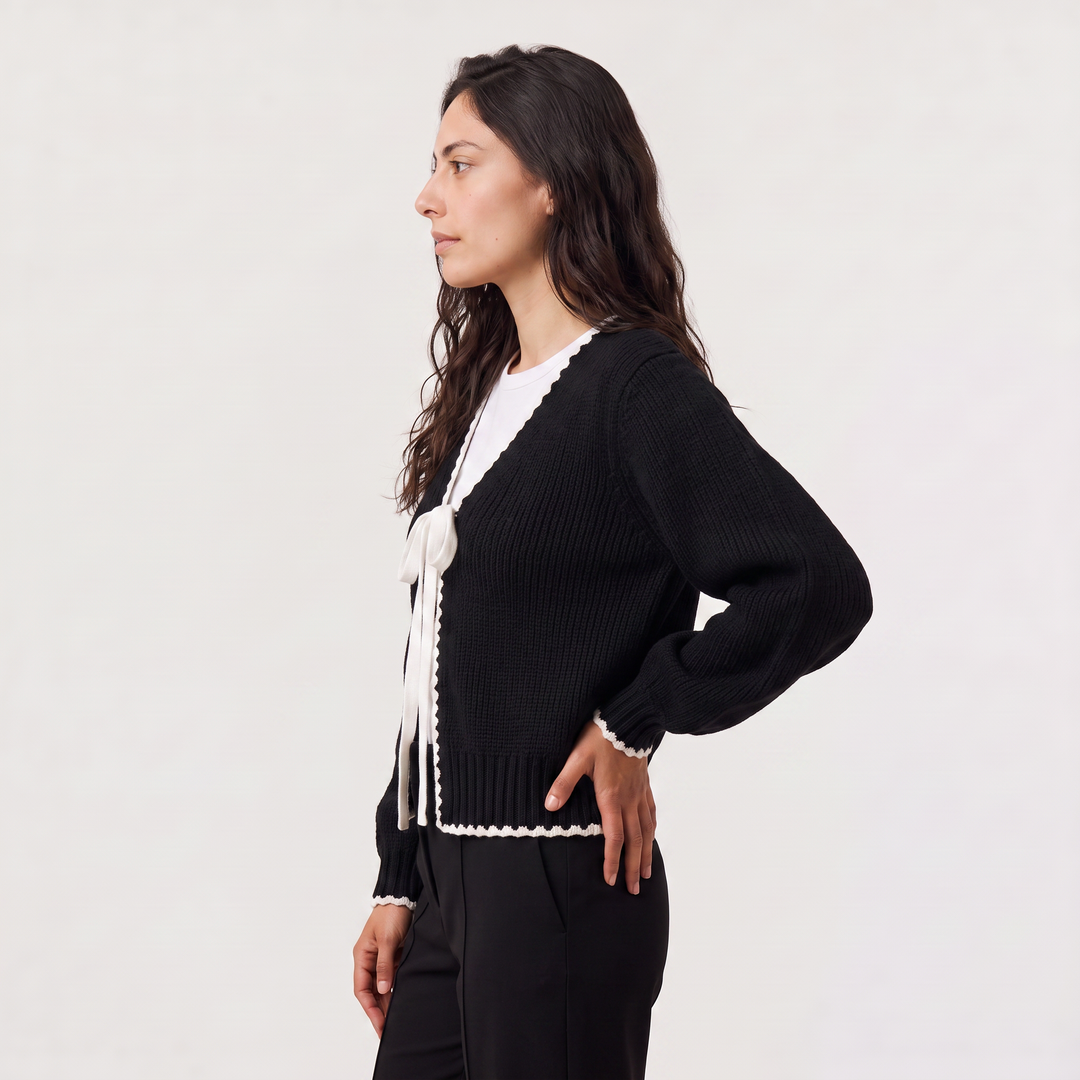 Women's Casual Knit Tie-Front Cardigan with Scalloped Trim