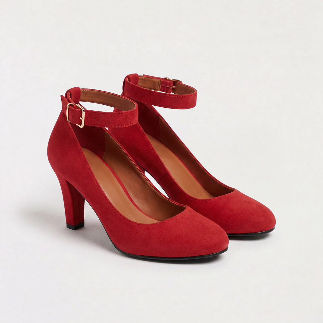 Women's Classic Leather Ankle-Strap Block Heel Pumps