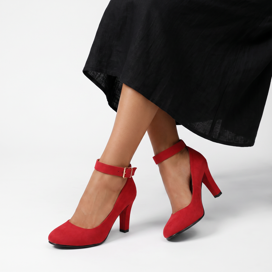Women's Classic Leather Ankle-Strap Block Heel Pumps