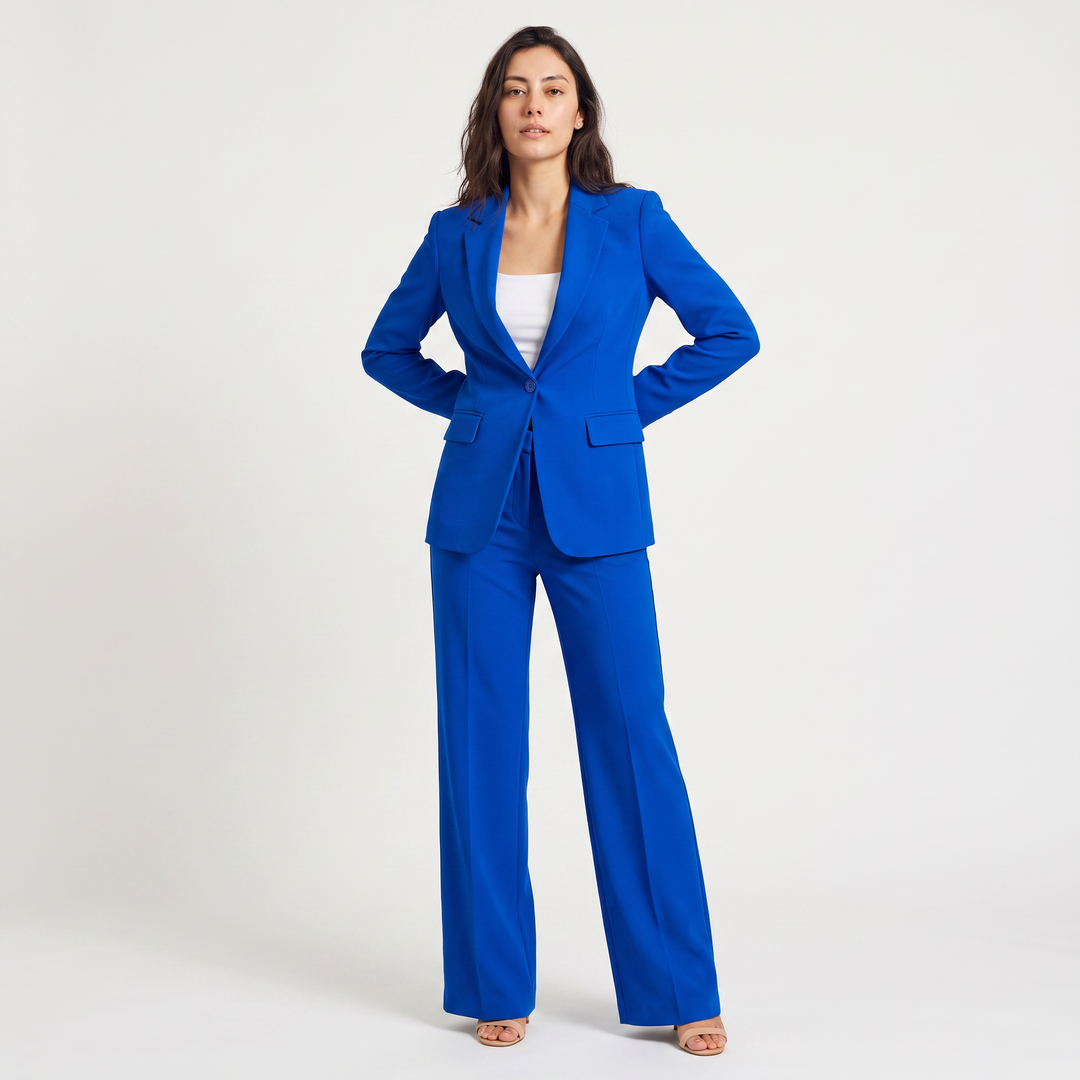 Women's Tailored Wool Blend Blazer and Wide Leg Trousers Set