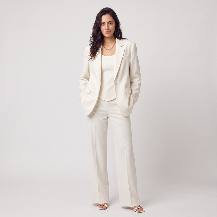 Women's Tailored Wool Blend Blazer and Wide Leg Trousers Set