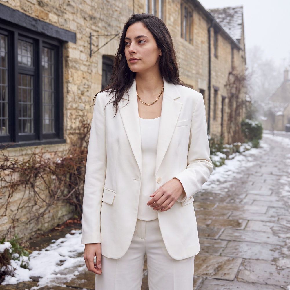 Women's Tailored Wool Blend Blazer and Wide Leg Trousers Set