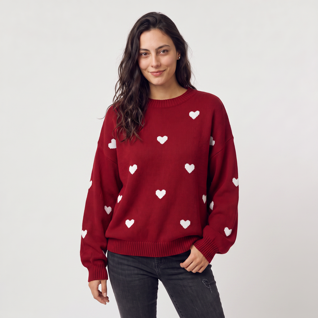 Women's Casual Knitted Heart Pattern Jumper with Drop Shoulder