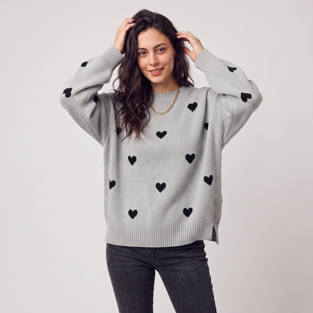 Women's Casual Knitted Heart Pattern Jumper with Drop Shoulder