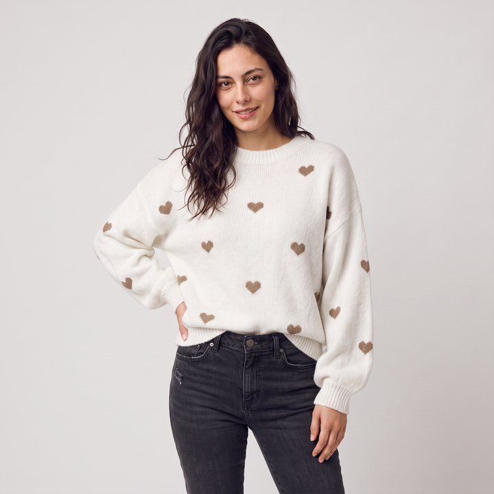 Women's Casual Knitted Heart Pattern Jumper with Drop Shoulder