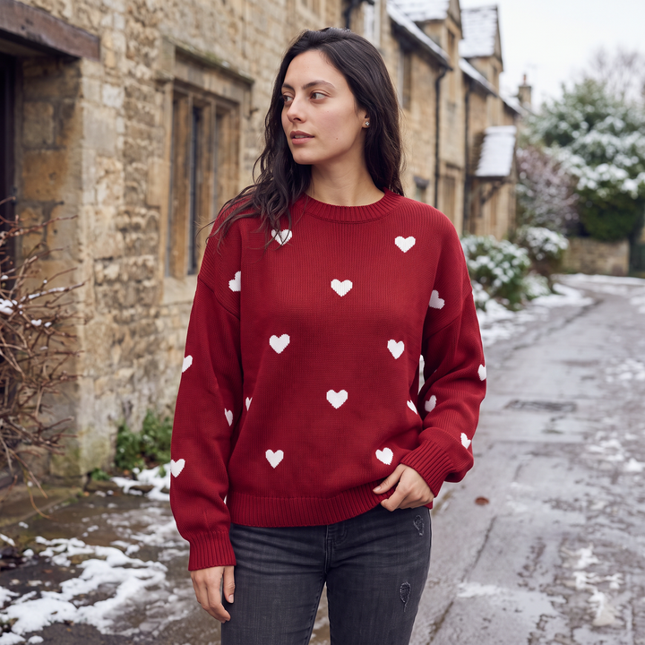 Women's Casual Knitted Heart Pattern Jumper with Drop Shoulder