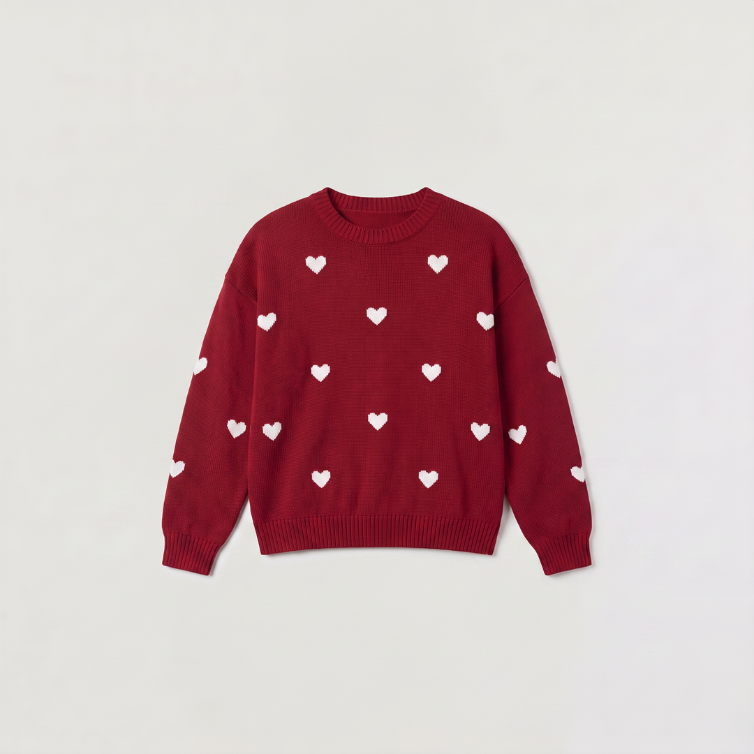 Women's Casual Knitted Heart Pattern Jumper with Drop Shoulder