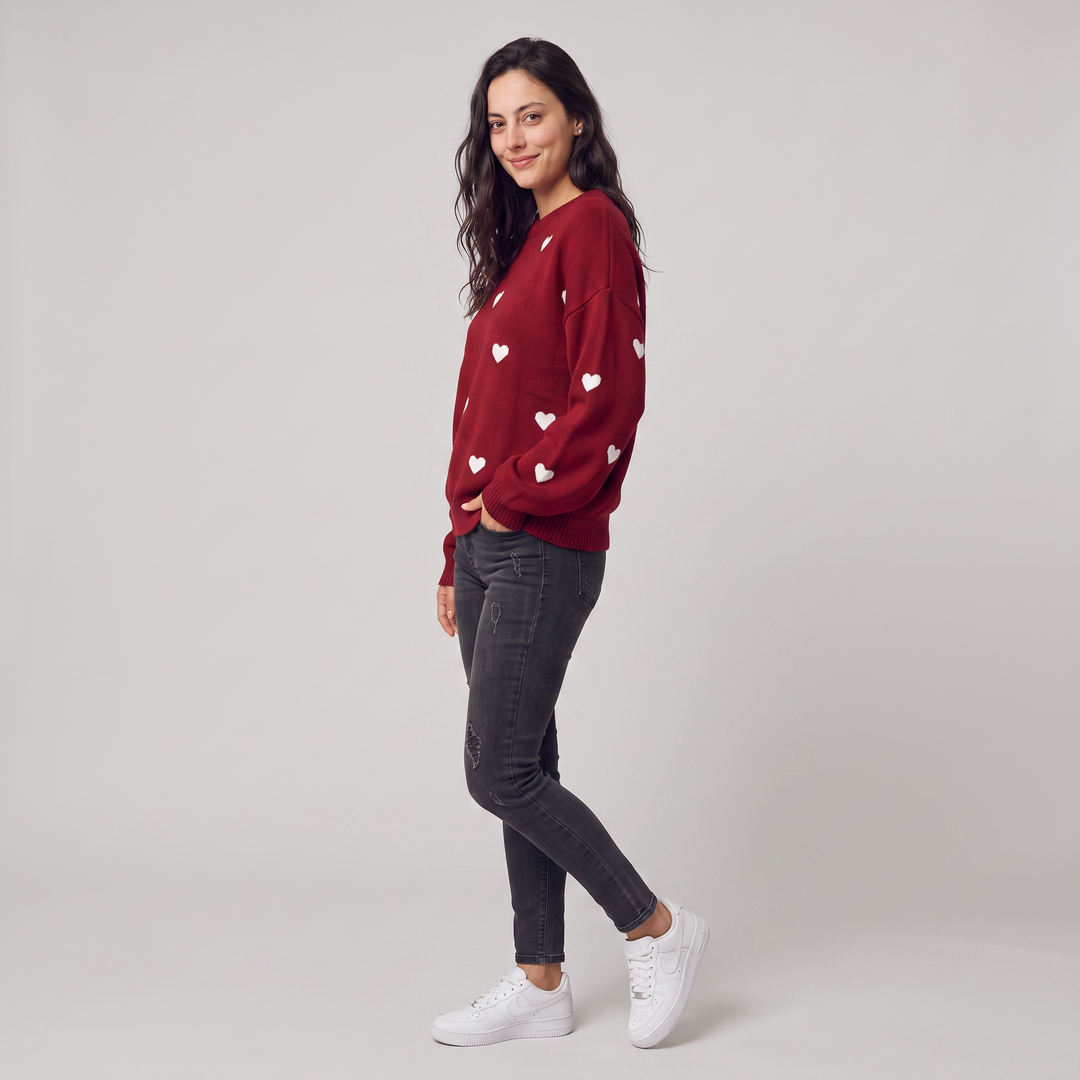 Women's Casual Knitted Heart Pattern Jumper with Drop Shoulder