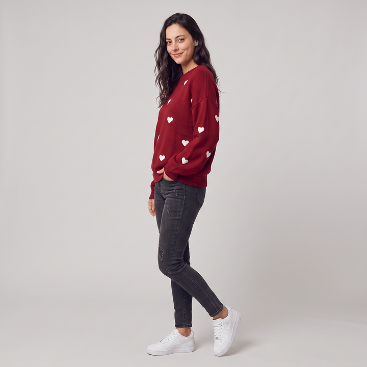 Women's Casual Knitted Heart Pattern Jumper with Drop Shoulder