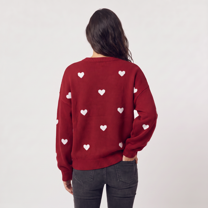 Women's Casual Knitted Heart Pattern Jumper with Drop Shoulder