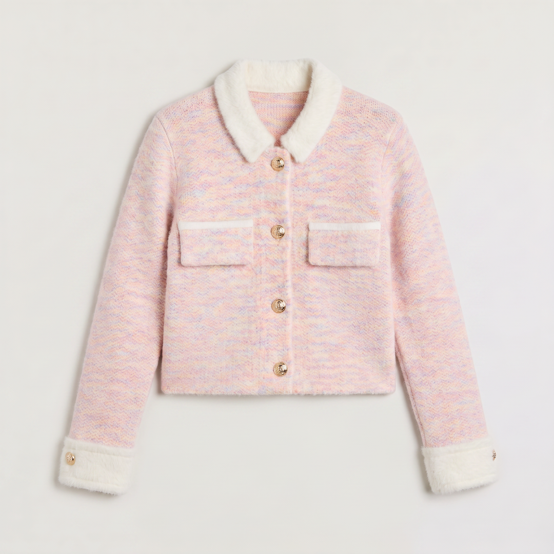 Women's Casual Knitted Cropped Cardigan with Contrast Collar