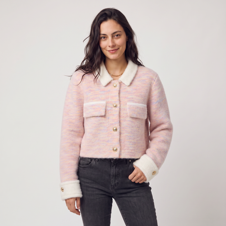 Women's Casual Knitted Cropped Cardigan with Contrast Collar