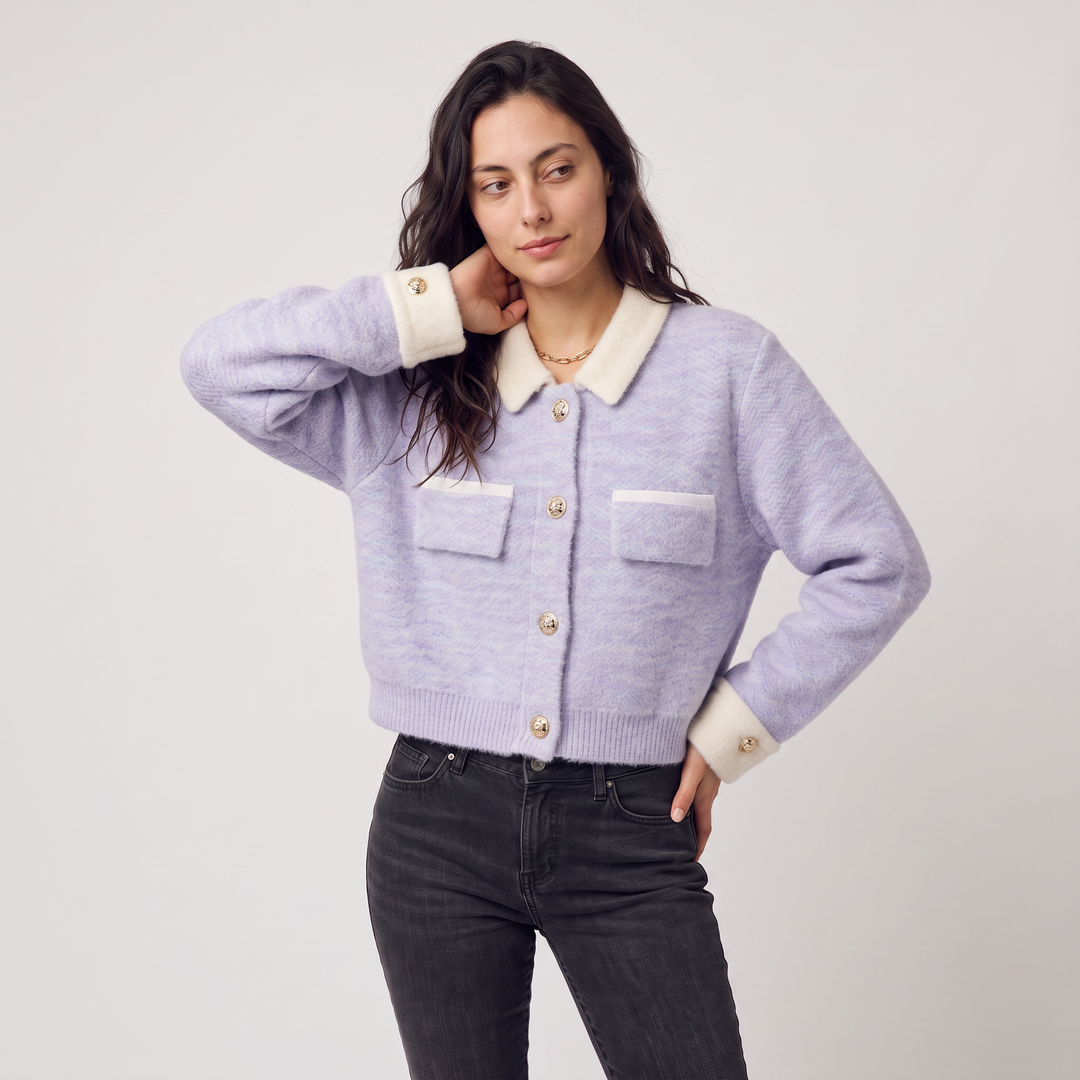 Women's Casual Knitted Cropped Cardigan with Contrast Collar