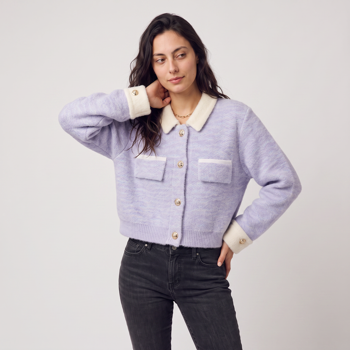 Women's Casual Knitted Cropped Cardigan with Contrast Collar