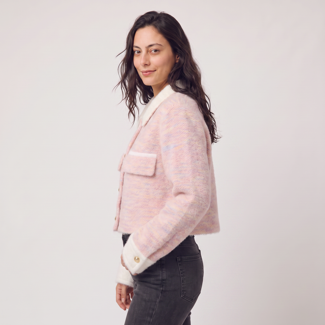 Women's Casual Knitted Cropped Cardigan with Contrast Collar