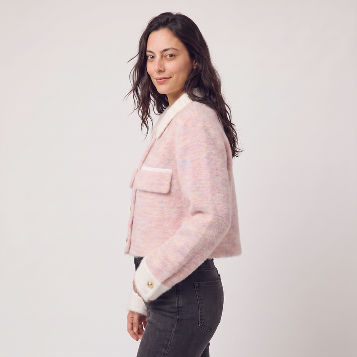Women's Casual Knitted Cropped Cardigan with Contrast Collar