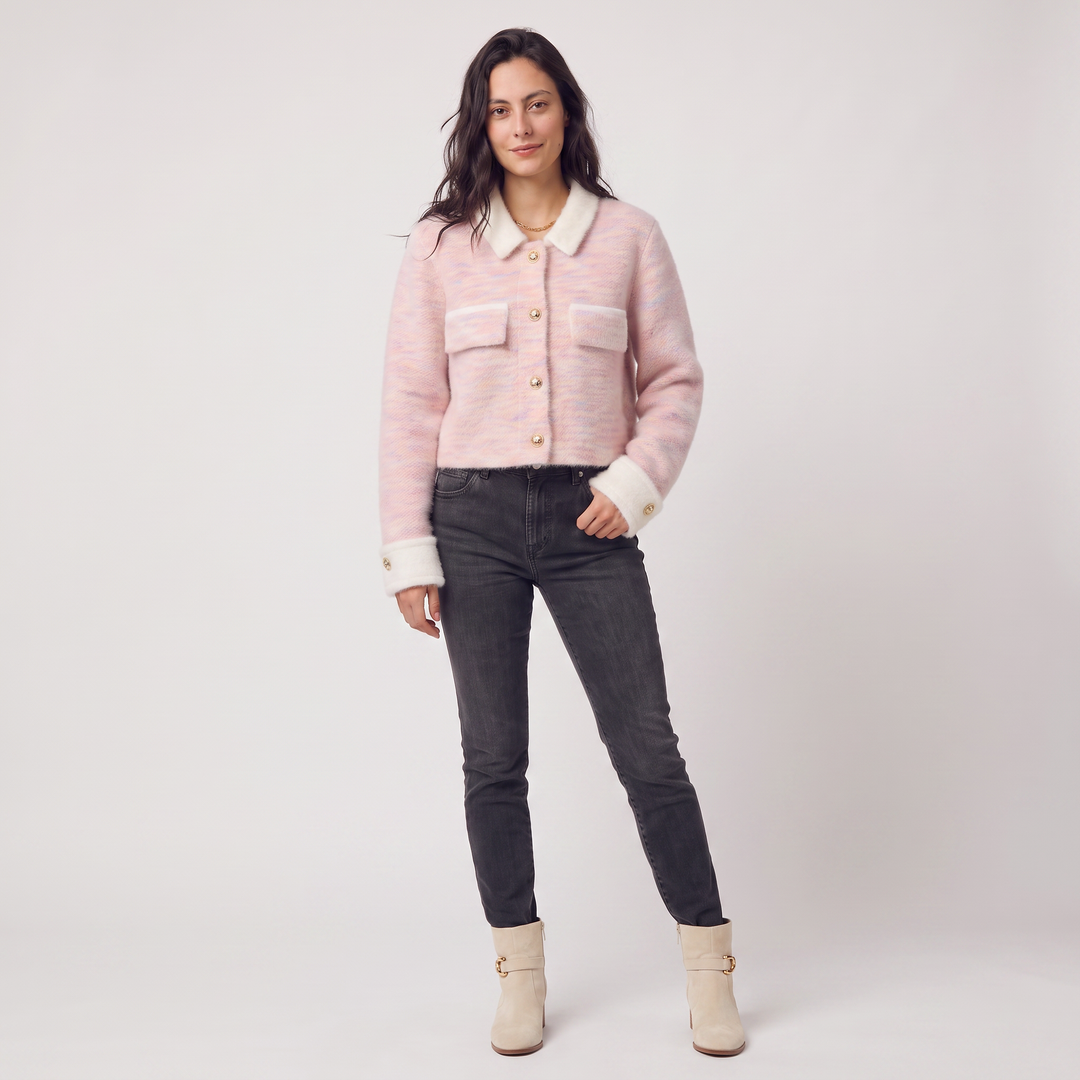 Women's Casual Knitted Cropped Cardigan with Contrast Collar