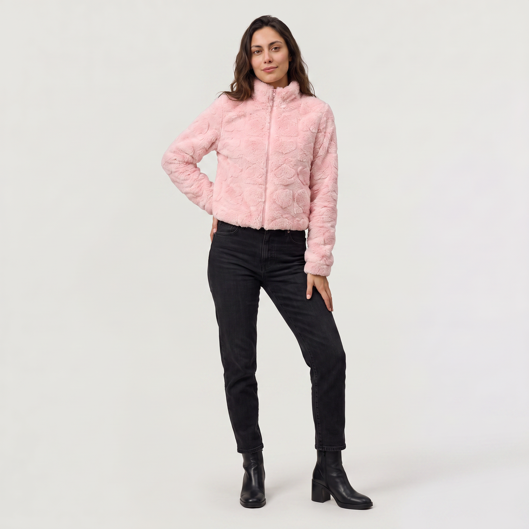 Women's Casual Fleece Teddy Zip Jacket in Pink