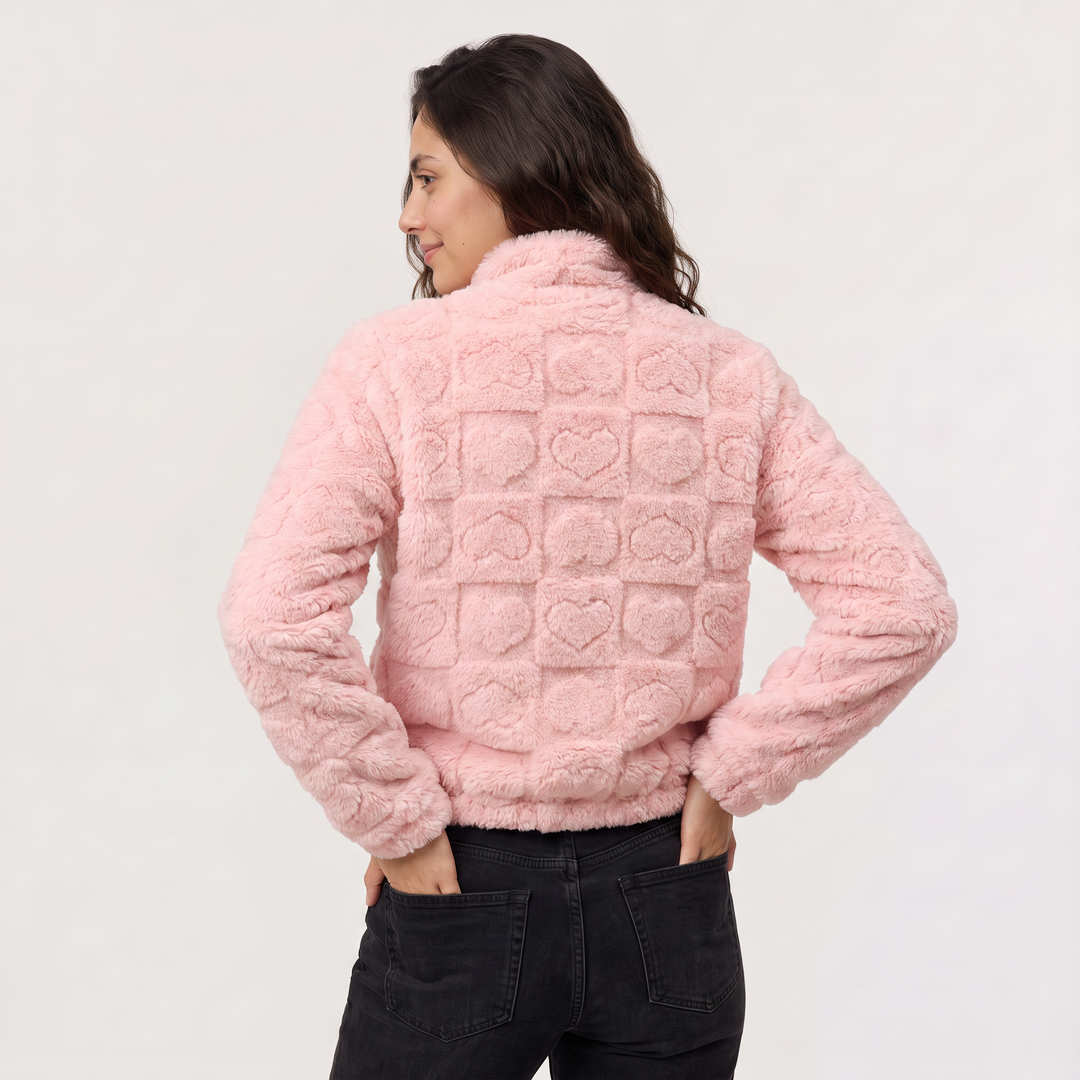 Women's Casual Fleece Teddy Zip Jacket in Pink