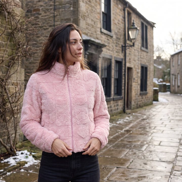 Women's Casual Fleece Teddy Zip Jacket in Pink