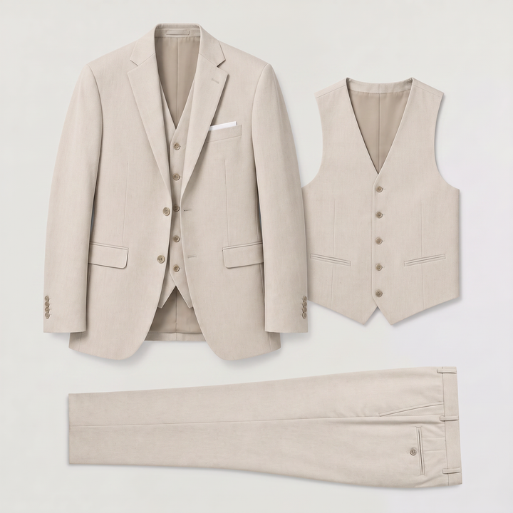 Men's Tailored Linen Three-Piece Suit with Waistcoat