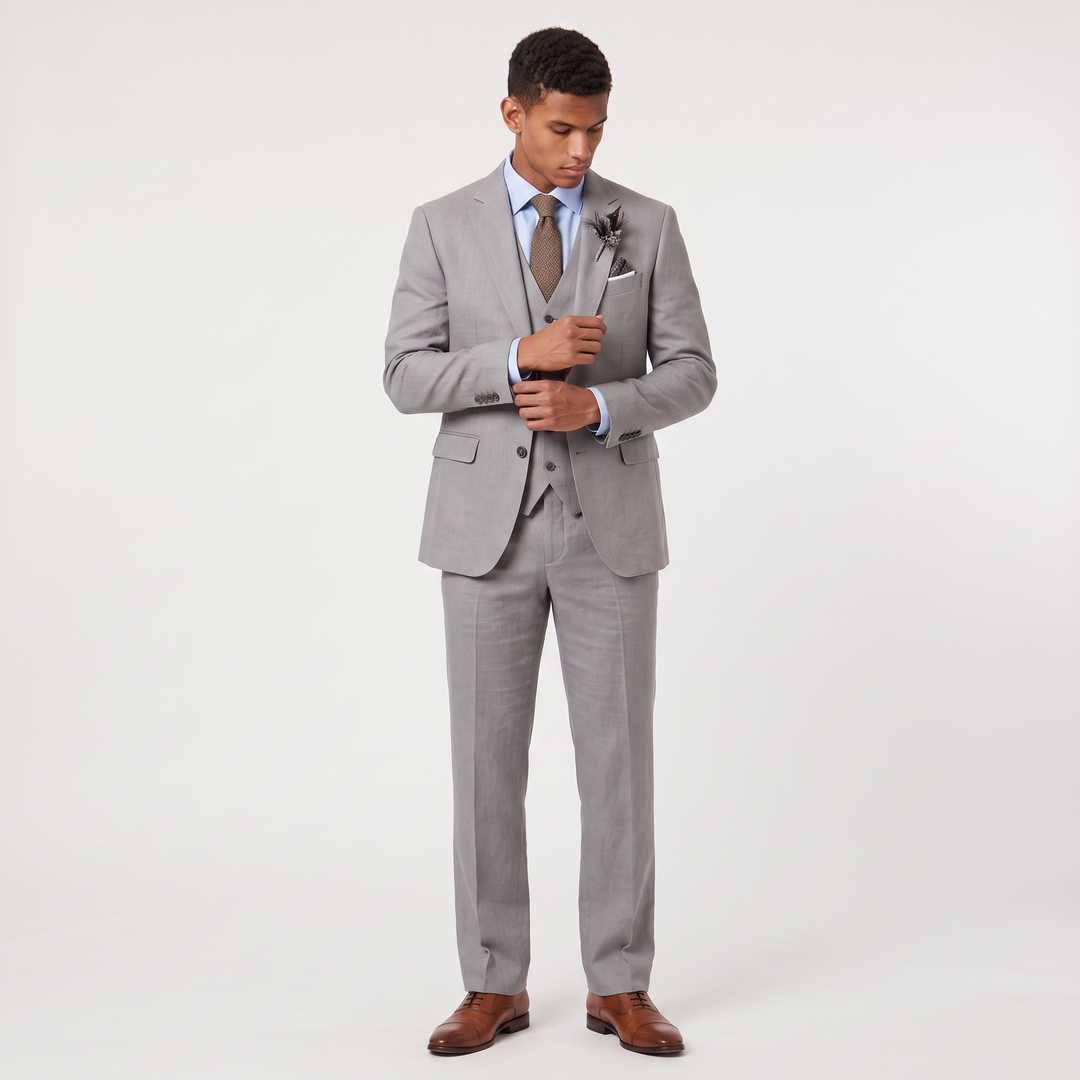 Men's Tailored Linen Three-Piece Suit with Waistcoat