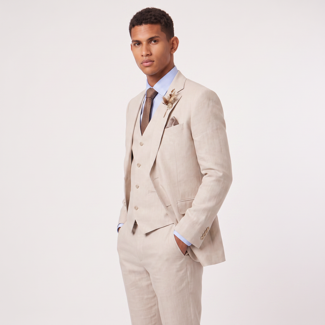 Men's Tailored Linen Three-Piece Suit with Waistcoat