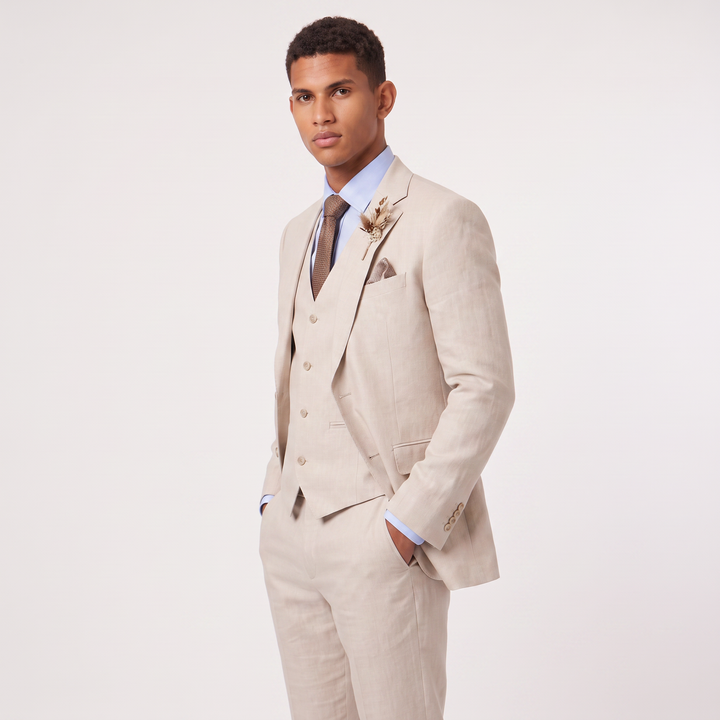 Men's Tailored Linen Three-Piece Suit with Waistcoat
