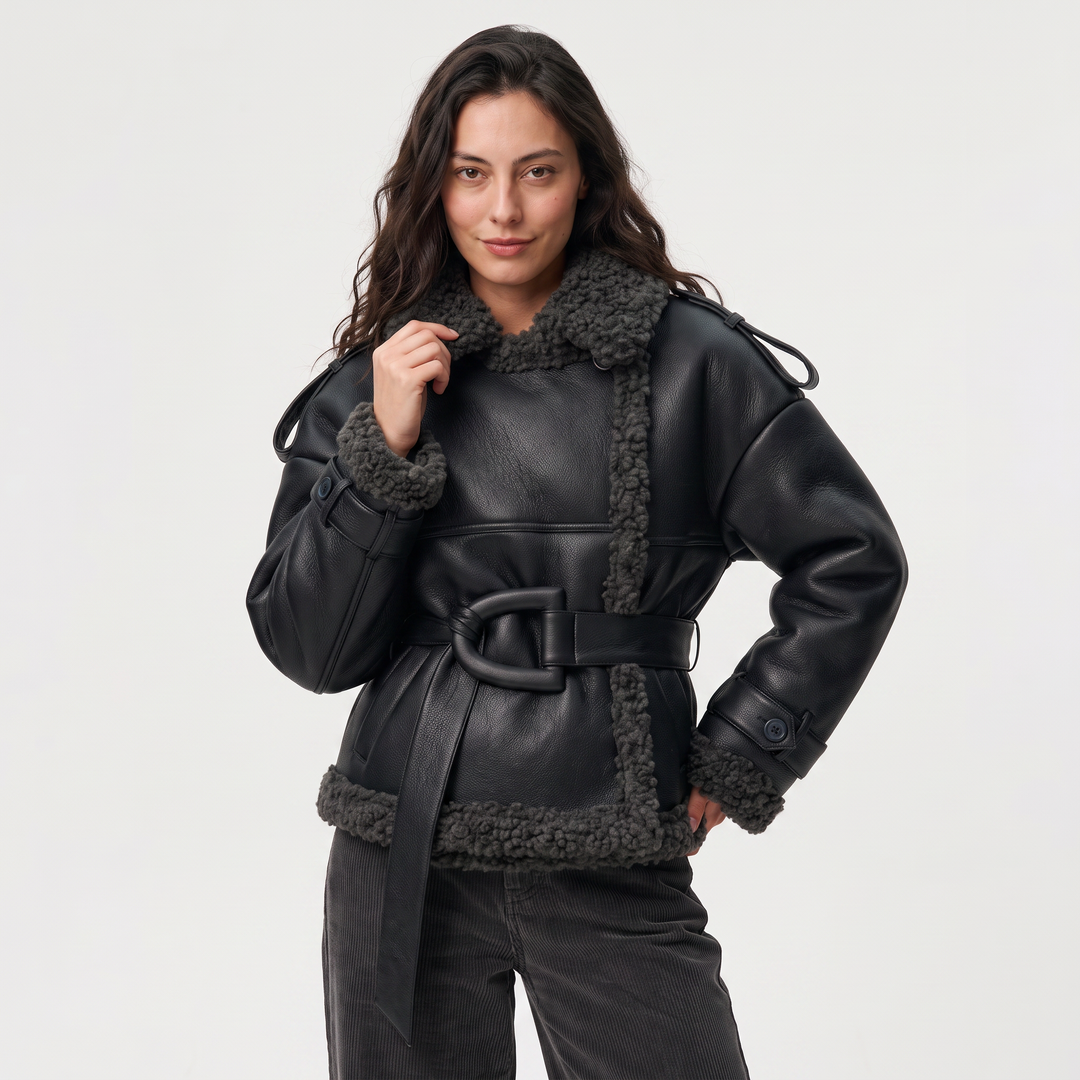 Women's Classic Leather Belted Aviator Jacket